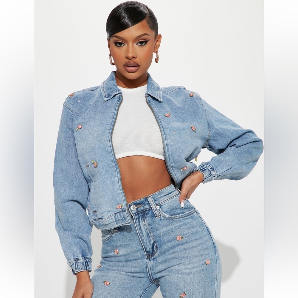 Fashion Nova Rosette Denim Bomber Jacket